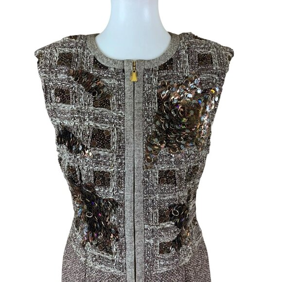 Escada Sequin Tweed Zip Front Dress 40 Sleeveless Alpaca Wool Designer Chic - Picture 2 of 11